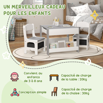 3-Piece Children's Table and 2 Chairs Set with Reversible Blackboard Tabletop, Storage Basket, Shelves - Gray