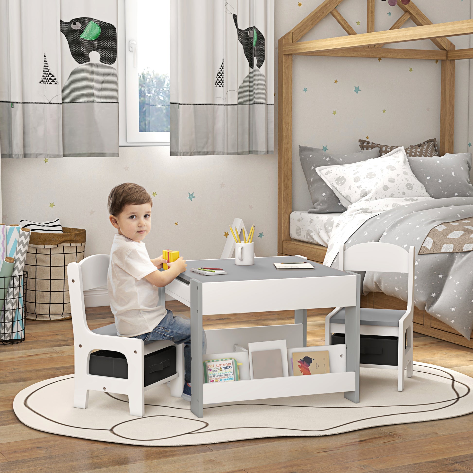 3-Piece Children's Table and 2 Chairs Set with Reversible Blackboard Tabletop, Storage Basket, Shelves - Gray