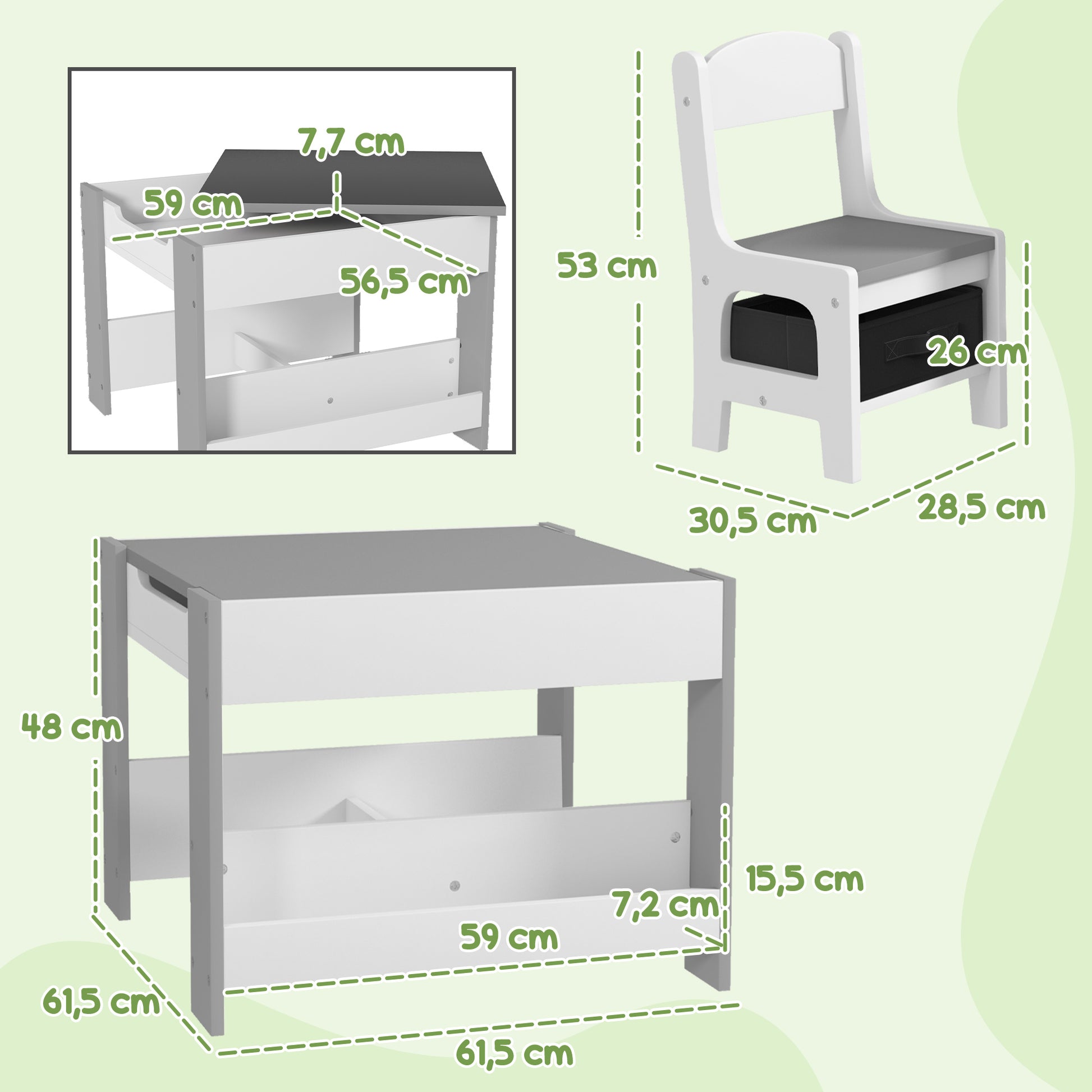 3-Piece Children's Table and 2 Chairs Set with Reversible Blackboard Tabletop, Storage Basket, Shelves - Gray
