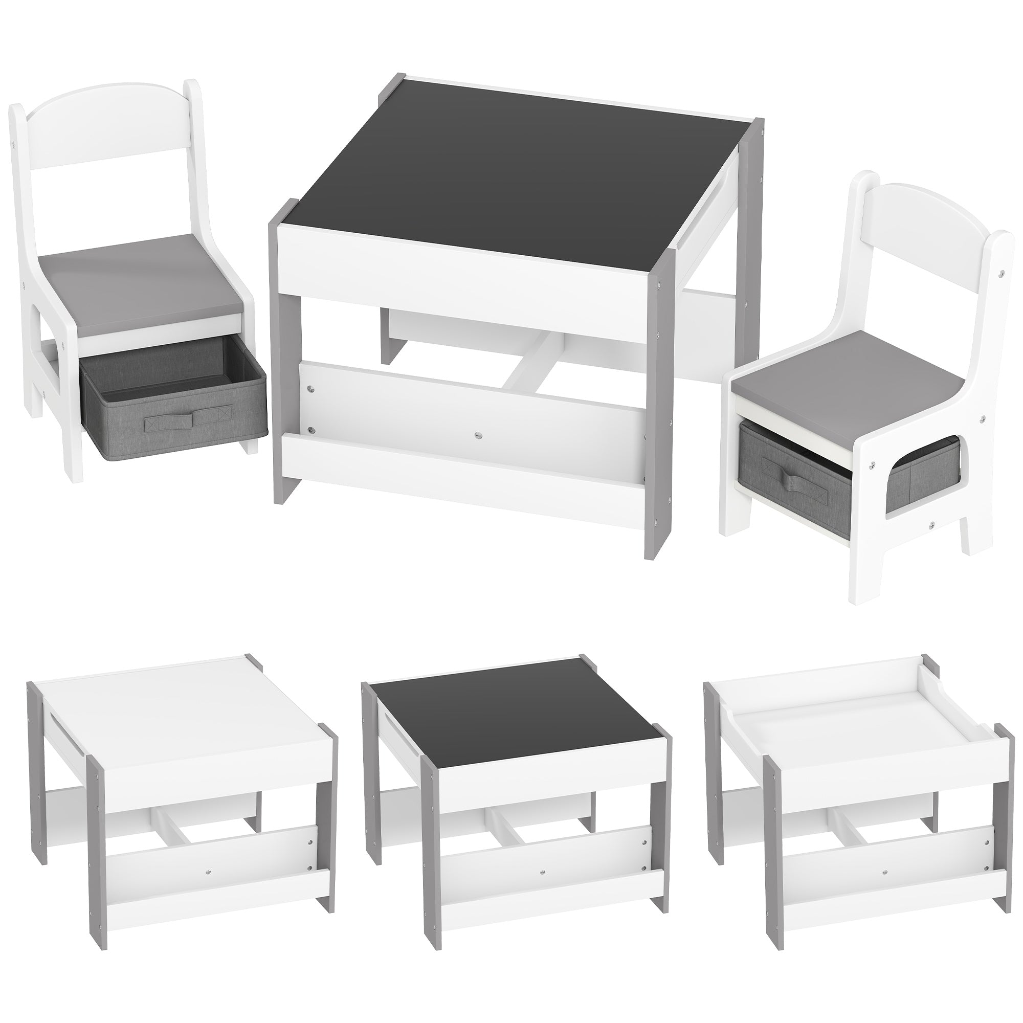 3-Piece Children's Table and 2 Chairs Set with Reversible Blackboard Tabletop, Storage Basket, Shelves - Gray