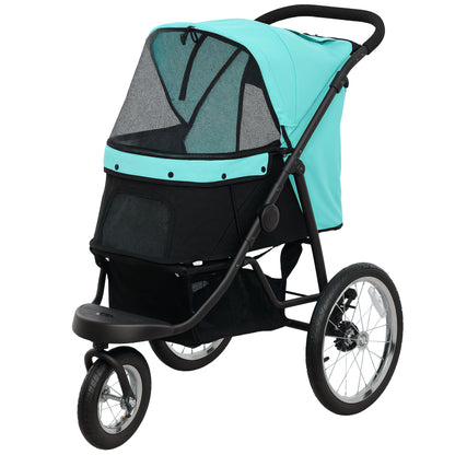 Dog Stroller Jogger Dog Buggy foldable for small dogs & cats up to 10 kg Cat stroller with 3 large rubber wheels, cushion net windows storage basket cat carriage with safety leashes, Turquoise