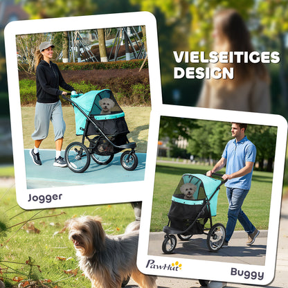 Dog Stroller Jogger Dog Buggy foldable for small dogs & cats up to 10 kg Cat stroller with 3 large rubber wheels, cushion net windows storage basket cat carriage with safety leashes, Turquoise