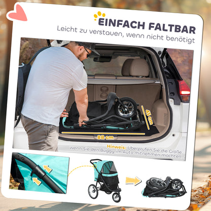 Dog Stroller Jogger Dog Buggy foldable for small dogs & cats up to 10 kg Cat stroller with 3 large rubber wheels, cushion net windows storage basket cat carriage with safety leashes, Turquoise
