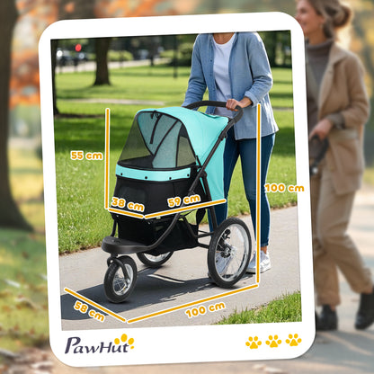 Dog Stroller Jogger Dog Buggy foldable for small dogs & cats up to 10 kg Cat stroller with 3 large rubber wheels, cushion net windows storage basket cat carriage with safety leashes, Turquoise