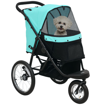 Dog Stroller Jogger Dog Buggy foldable for small dogs & cats up to 10 kg Cat stroller with 3 large rubber wheels, cushion net windows storage basket cat carriage with safety leashes, Turquoise