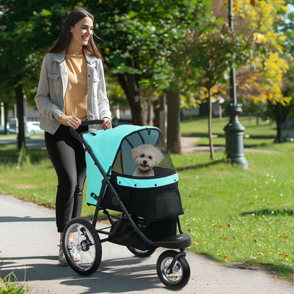 Dog Stroller Jogger Dog Buggy foldable for small dogs & cats up to 10 kg Cat stroller with 3 large rubber wheels, cushion net windows storage basket cat carriage with safety leashes, Turquoise