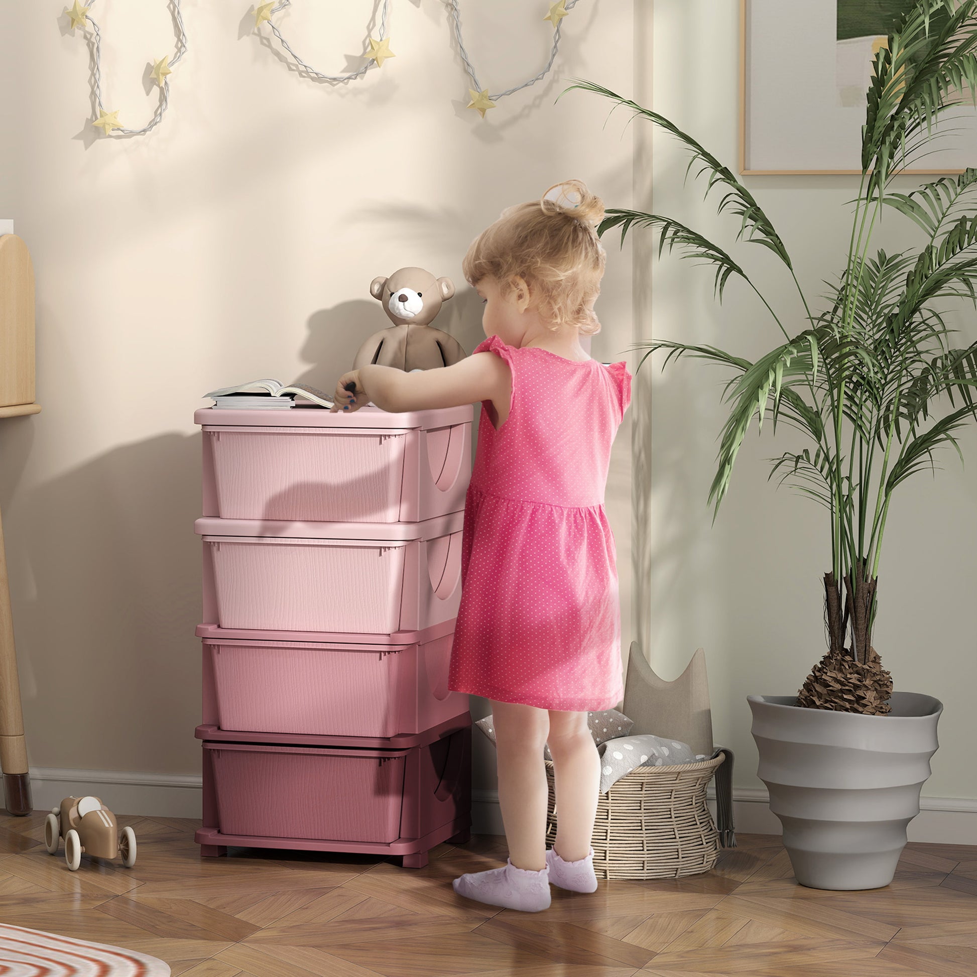 Drawer Cabinet for Kids with Storage Space Storage Boxes Toy Organizer Toy Chest Four Levels for Children's Room 3-6 Years Kids Furniture Pink 37 x 37 x 76 cm