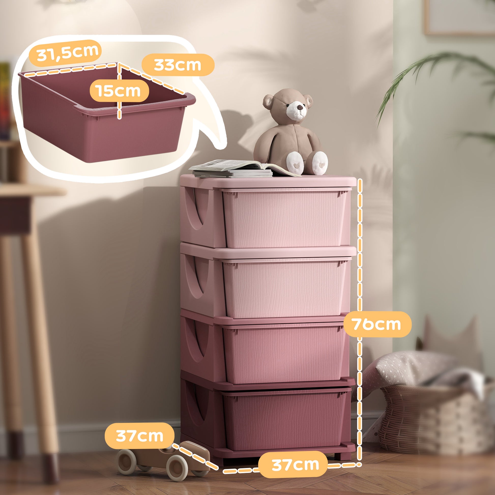 Drawer Cabinet for Kids with Storage Space Storage Boxes Toy Organizer Toy Chest Four Levels for Children's Room 3-6 Years Kids Furniture Pink 37 x 37 x 76 cm