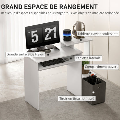 Multimedia Computer Desk Shelves Keyboard Tray Basket Gray Particle Boards White