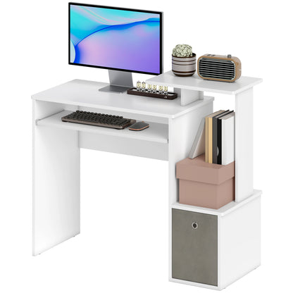 Multimedia Computer Desk Shelves Keyboard Tray Basket Gray Particle Boards White