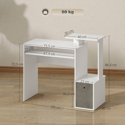 Multimedia Computer Desk Shelves Keyboard Tray Basket Gray Particle Boards White