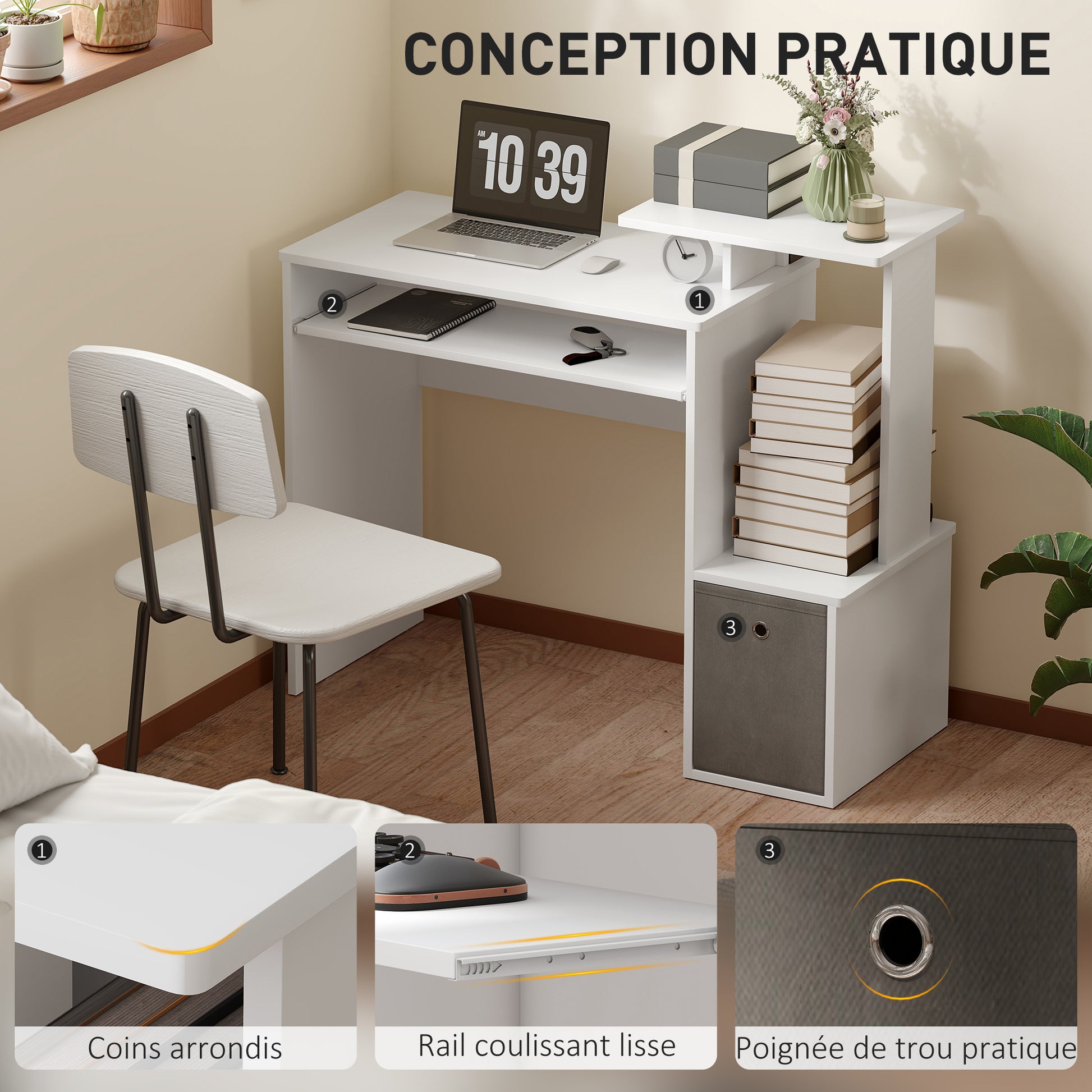 Multimedia Computer Desk Shelves Keyboard Tray Basket Gray Particle Boards White