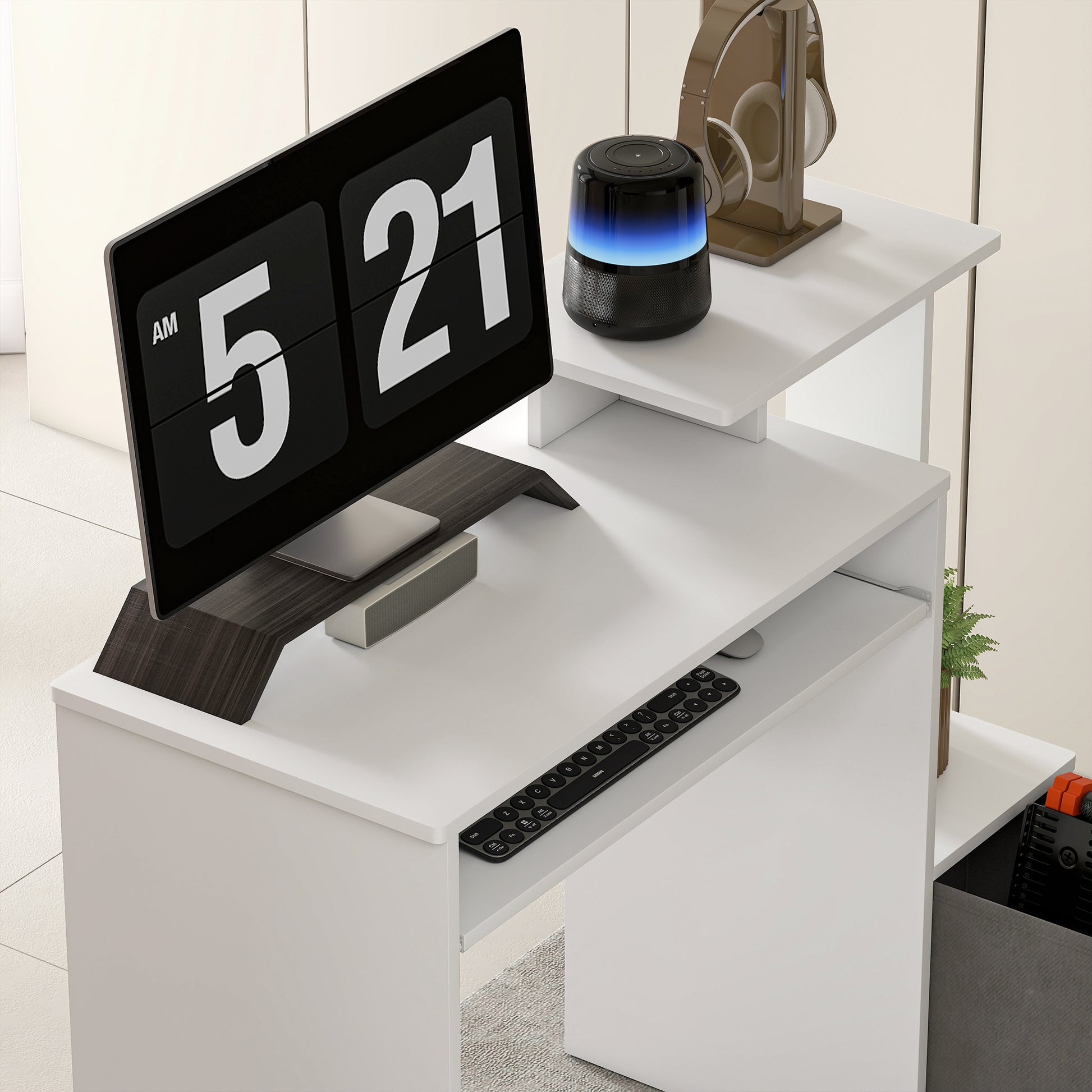Multimedia Computer Desk Shelves Keyboard Tray Basket Gray Particle Boards White