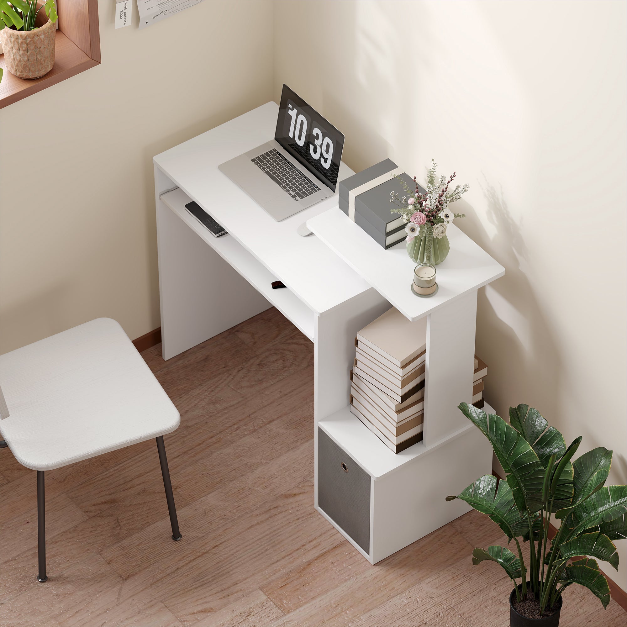 Multimedia Computer Desk Shelves Keyboard Tray Basket Gray Particle Boards White