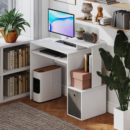 Multimedia Computer Desk Shelves Keyboard Tray Basket Gray Particle Boards White