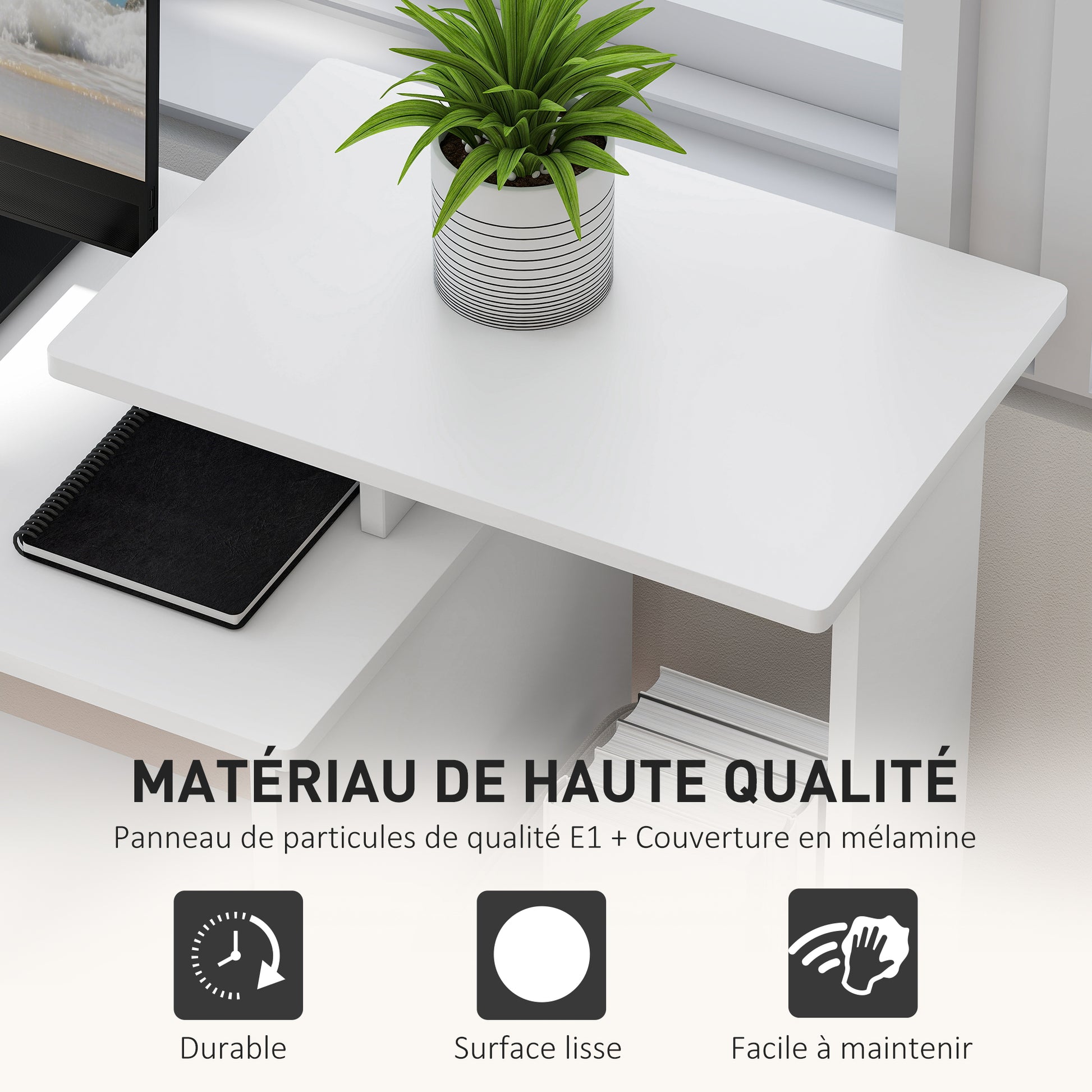 Multimedia Computer Desk Shelves Keyboard Tray Basket Gray Particle Boards White
