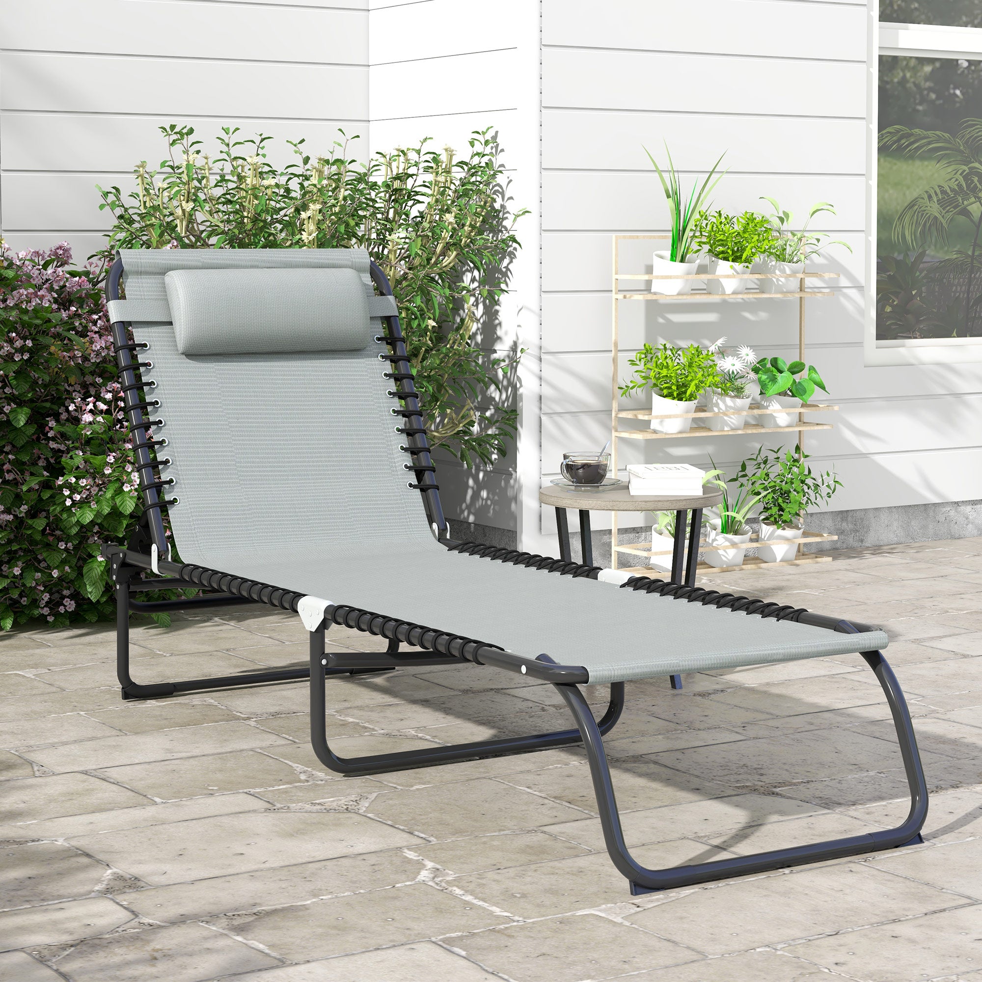 Folding Sun Lounger with 4-Position Adjustable Backrest and Head Cushion, Weather-Resistant Chaise Lounge for Camping, Garden, Beach & Pool — Light Gray, Up to 265 lb