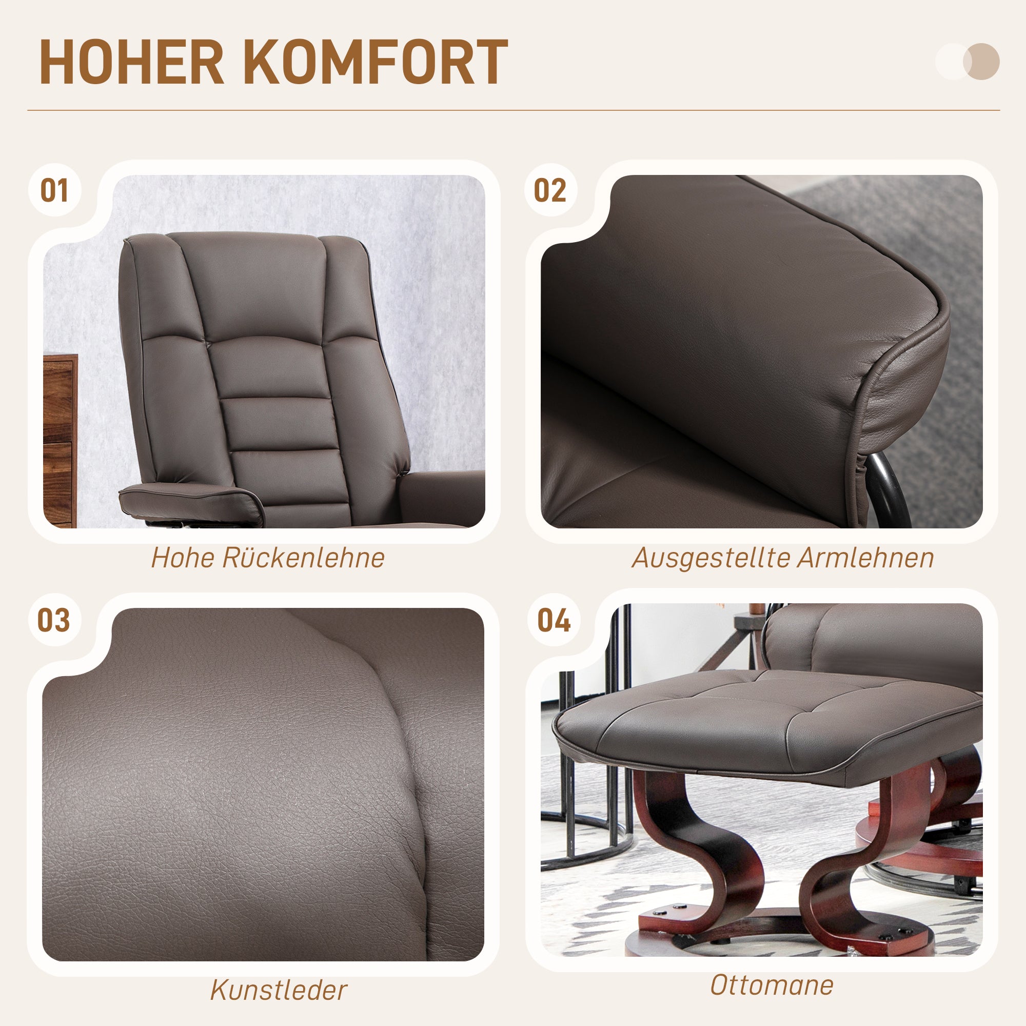 Recliner with Ottoman, Swivel TV Chair with Reclining Function, Wood Frame TV Chair, up to 150 kg Load Capacity, for Living Room, Faux Leather, Brown