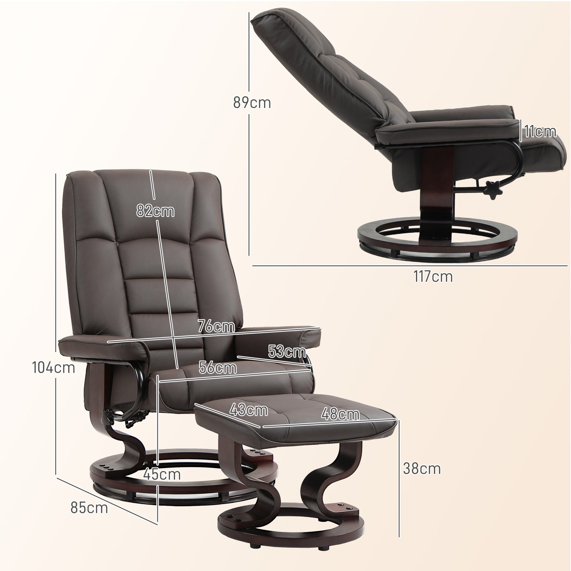 Recliner with Ottoman, Swivel TV Chair with Reclining Function, Wood Frame TV Chair, up to 150 kg Load Capacity, for Living Room, Faux Leather, Brown