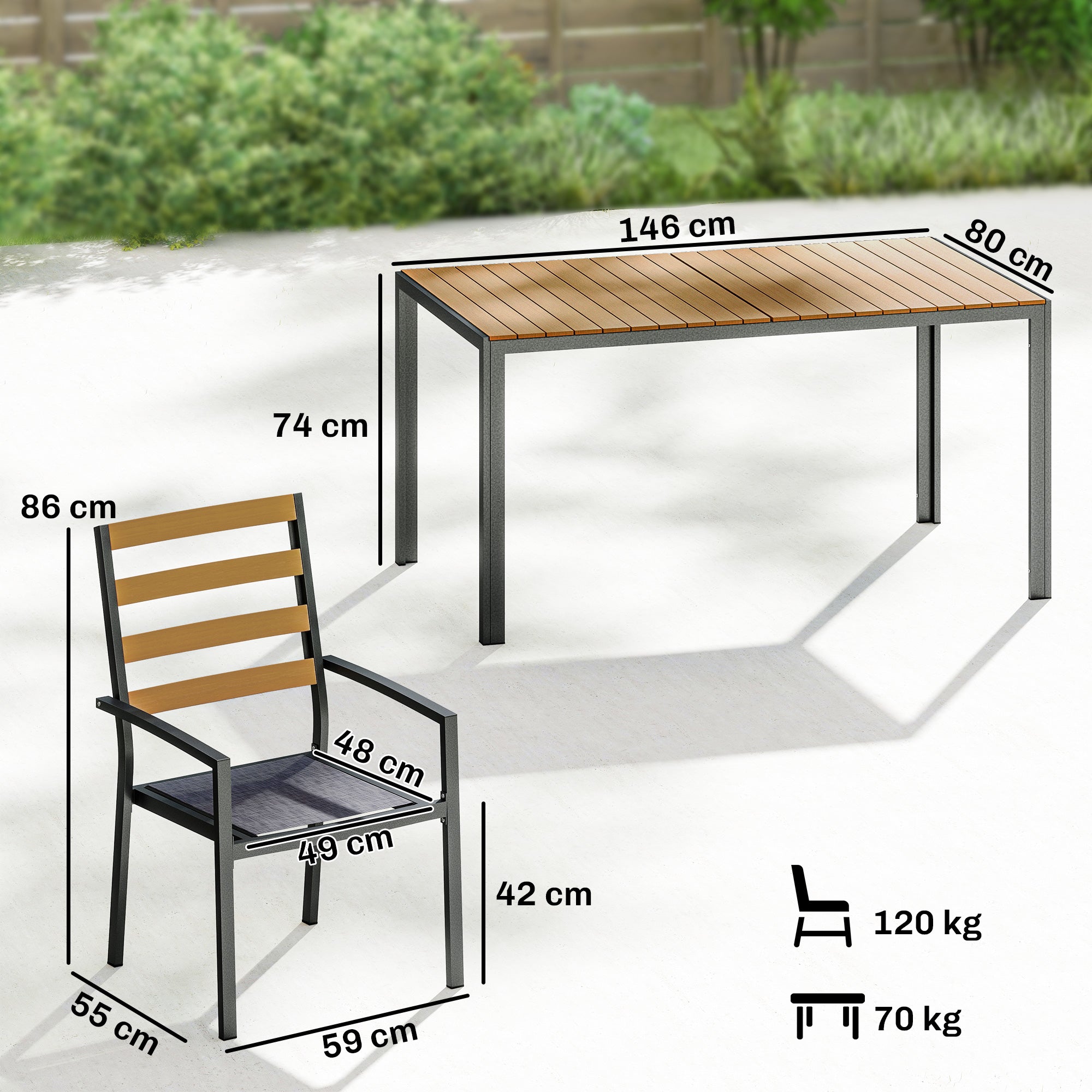 7-Piece Outdoor Dining Set — 1 Table & 6 Cushioned Chairs, Natural Wood Finish