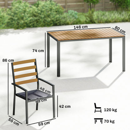 7-Piece Outdoor Dining Set — 1 Table & 6 Cushioned Chairs, Natural Wood Finish