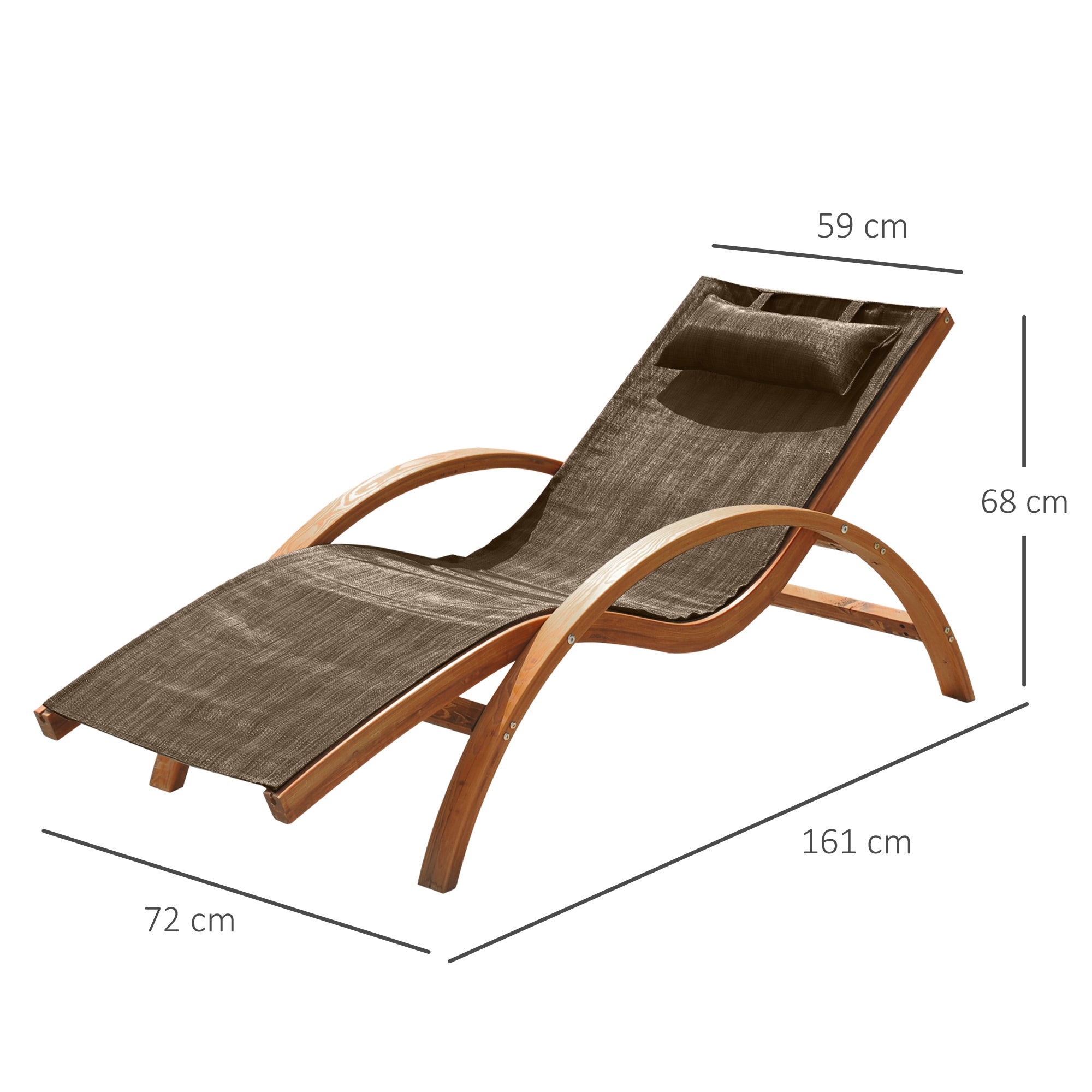 Ergonomic Garden Sun Lounger, Sunbed with Padded Headrest in Wood and Fabric, 161 x 72 x 68 cm, Brown