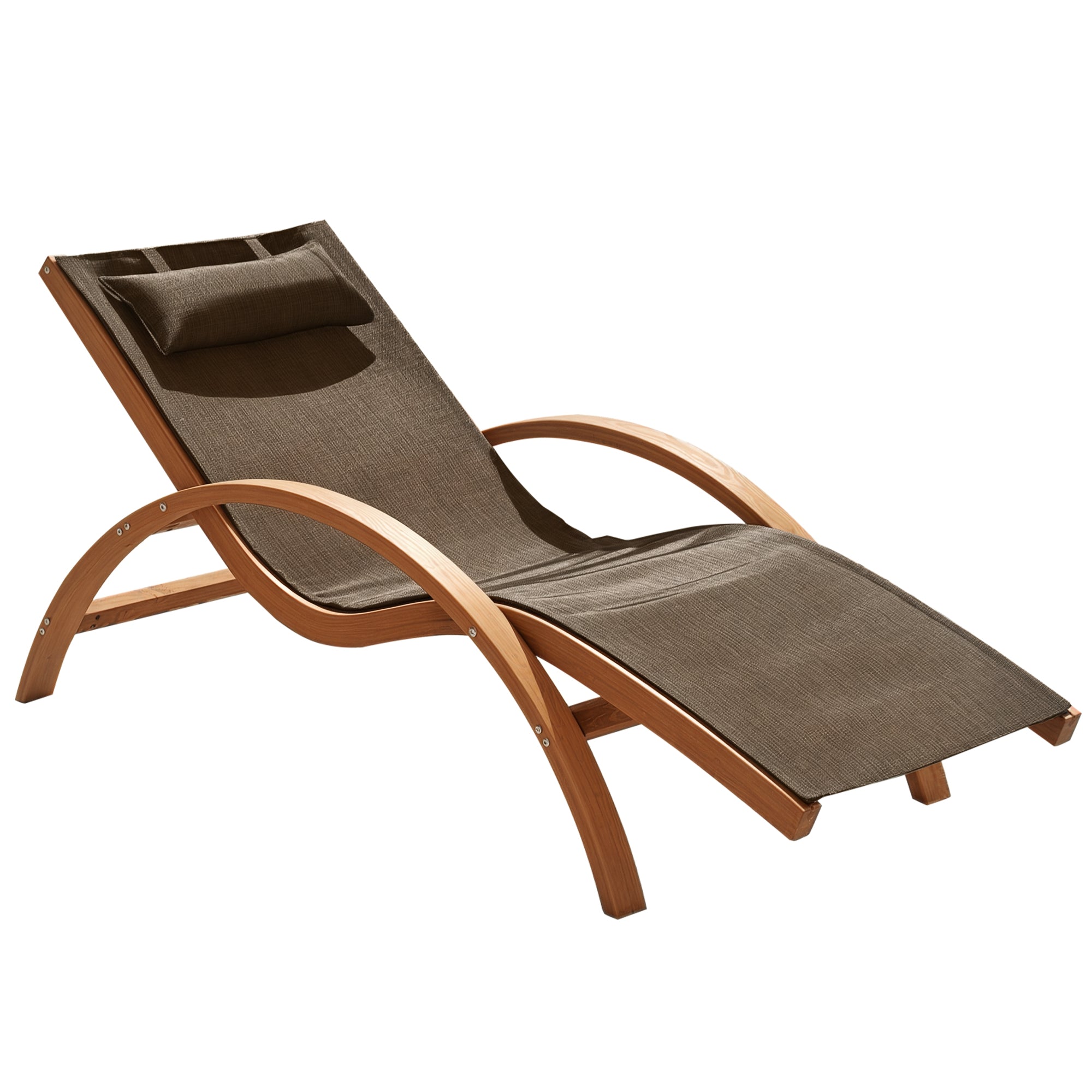 Ergonomic Garden Sun Lounger, Sunbed with Padded Headrest in Wood and Fabric, 161 x 72 x 68 cm, Brown