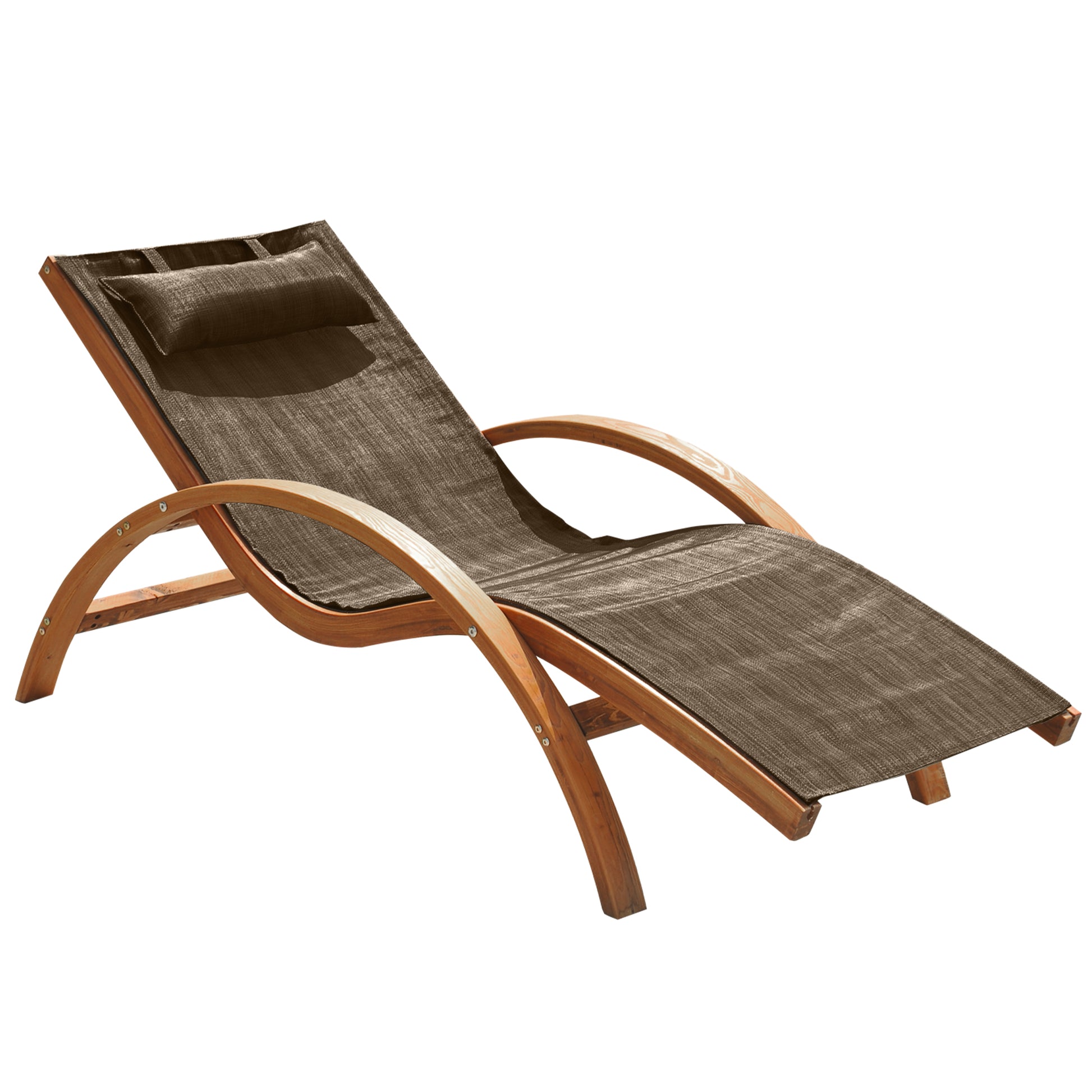 Ergonomic Garden Sun Lounger, Sunbed with Padded Headrest in Wood and Fabric, 161 x 72 x 68 cm, Brown