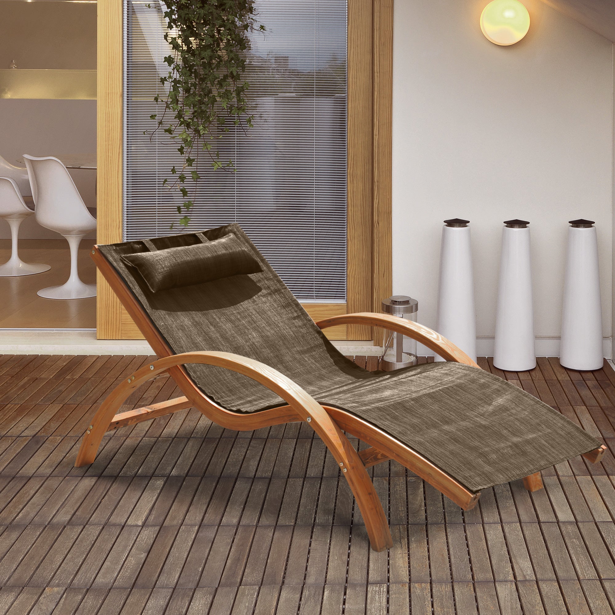 Ergonomic Garden Sun Lounger, Sunbed with Padded Headrest in Wood and Fabric, 161 x 72 x 68 cm, Brown