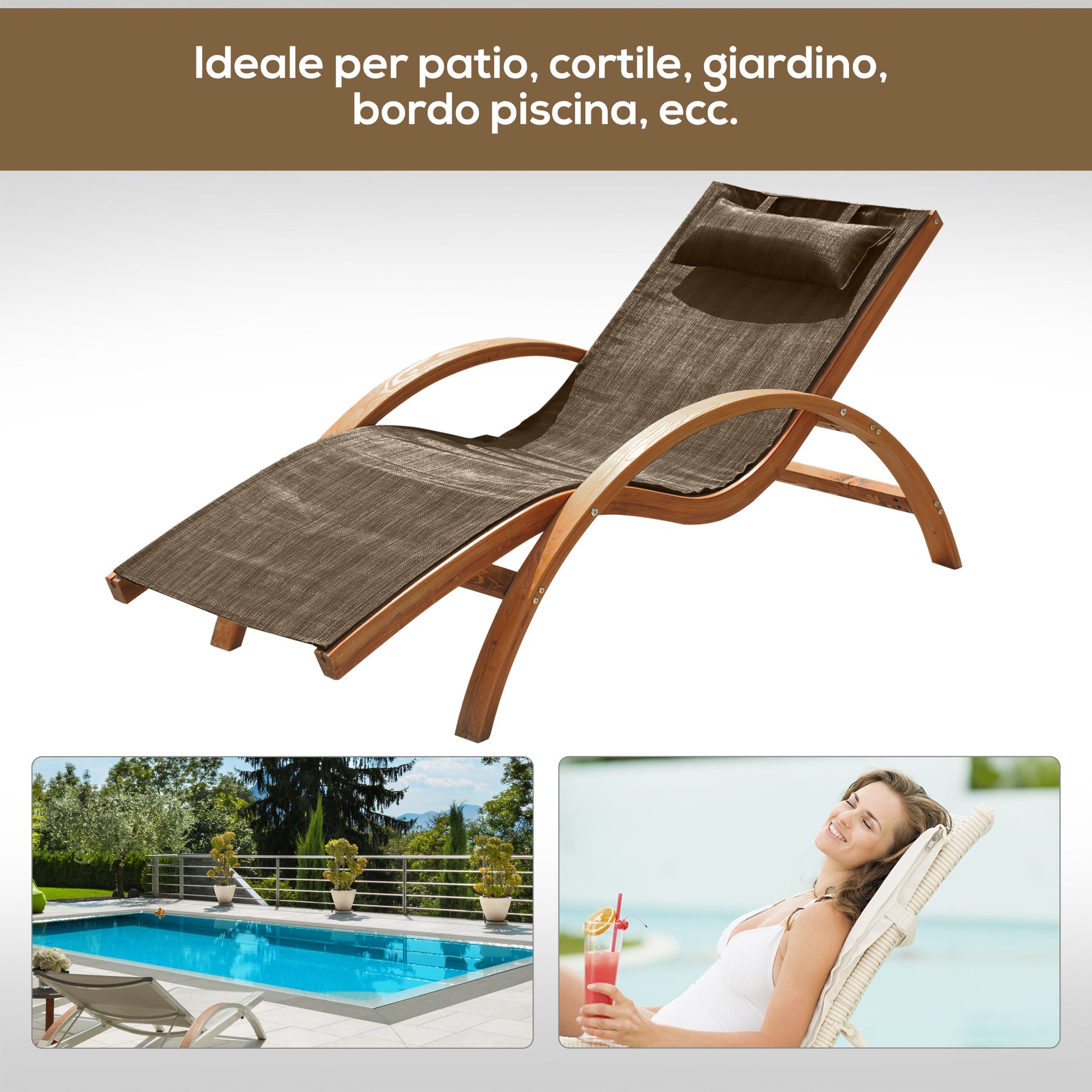 Ergonomic Garden Sun Lounger, Sunbed with Padded Headrest in Wood and Fabric, 161 x 72 x 68 cm, Brown