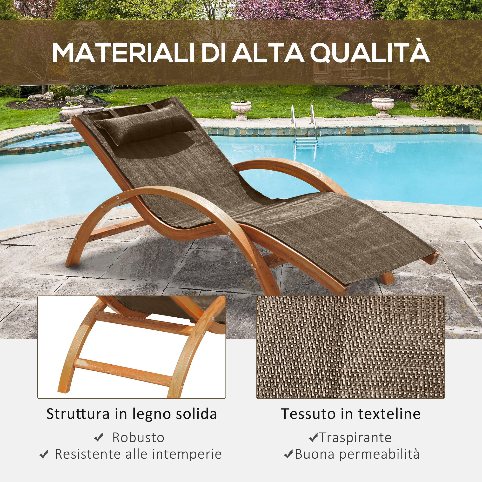 Ergonomic Garden Sun Lounger, Sunbed with Padded Headrest in Wood and Fabric, 161 x 72 x 68 cm, Brown