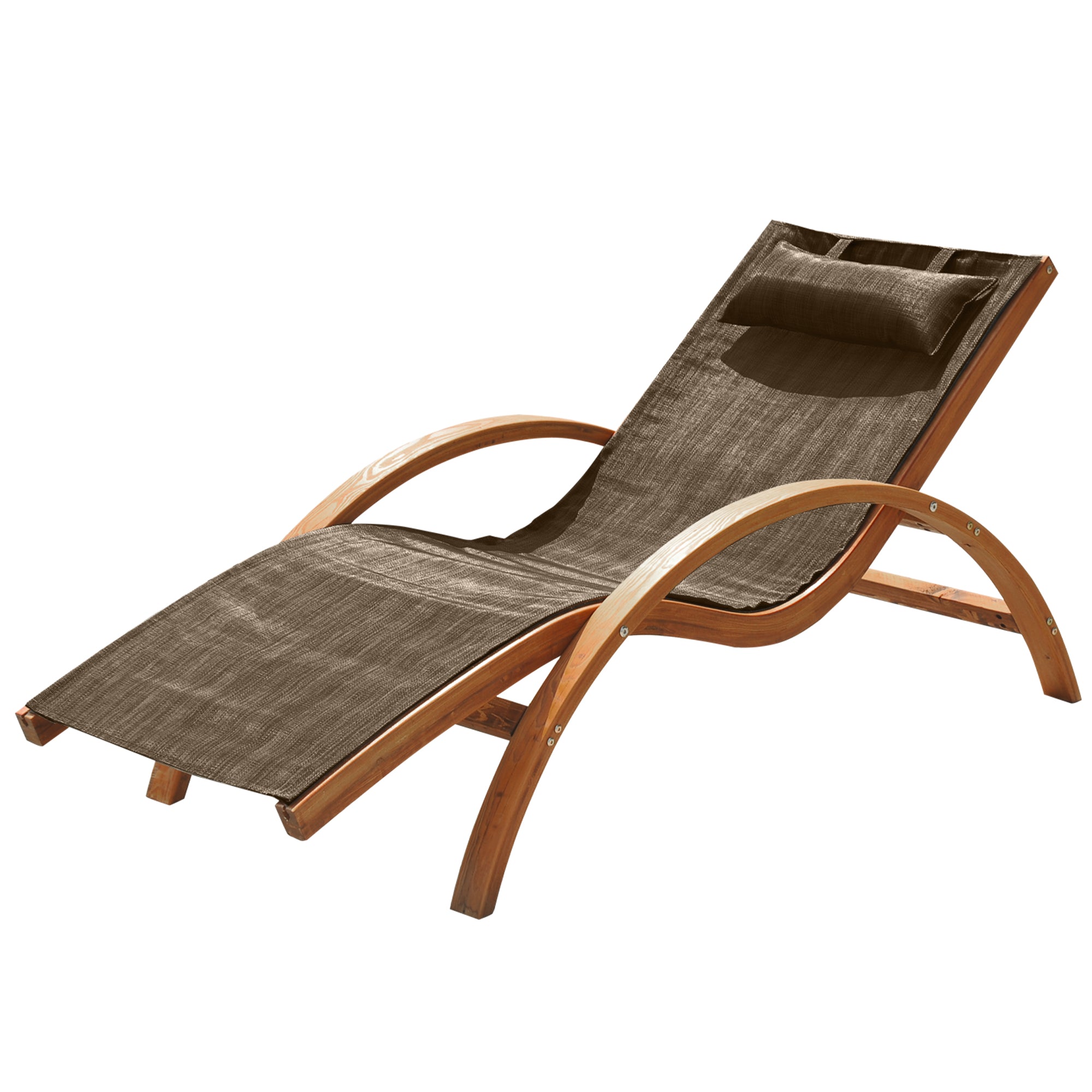 Ergonomic Garden Sun Lounger, Sunbed with Padded Headrest in Wood and Fabric, 161 x 72 x 68 cm, Brown