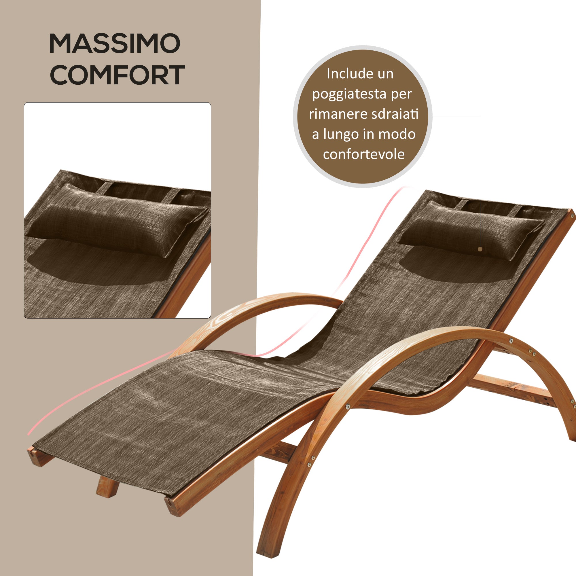 Ergonomic Garden Sun Lounger, Sunbed with Padded Headrest in Wood and Fabric, 161 x 72 x 68 cm, Brown