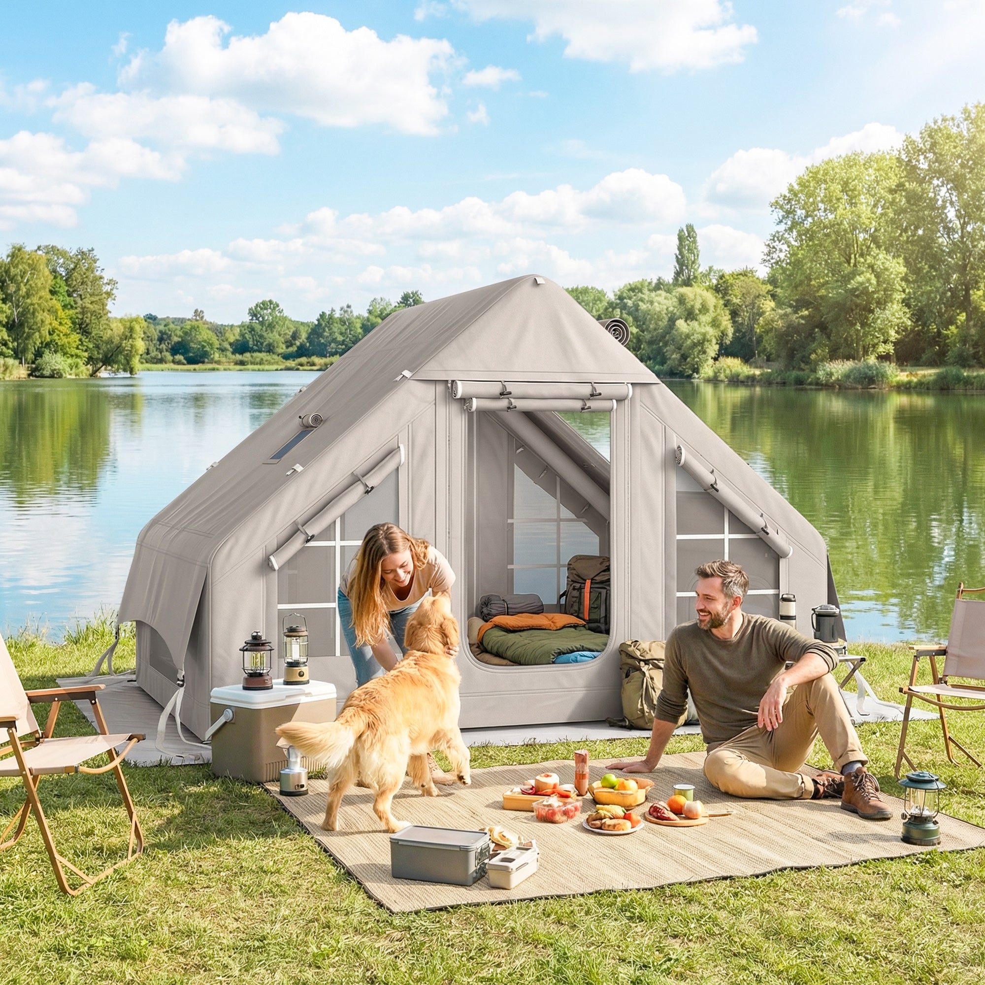 Inflatable Tent for 5–8 People — Quick Setup, 8000mm Waterproof & Windproof, Air Tent with Pump, Stove Jack, Roof Window, Scratch-Resistant Oxford Floor