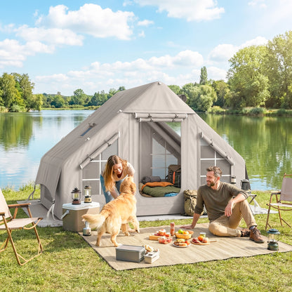 Inflatable Tent for 5–8 People — Quick Setup, 8000mm Waterproof & Windproof, Air Tent with Pump, Stove Jack, Roof Window, Scratch-Resistant Oxford Floor