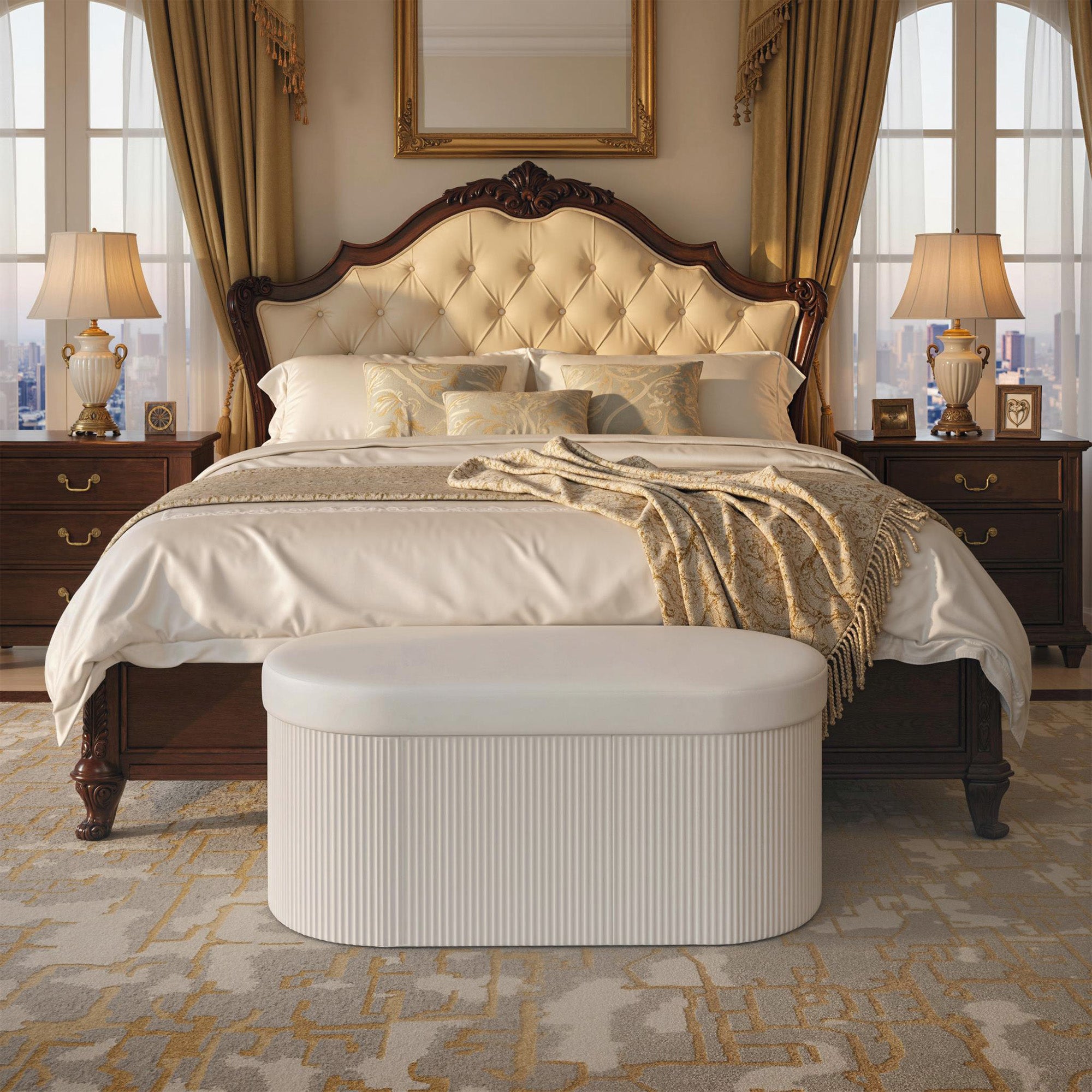 Foldable Storage Bench 30 in x 15 in x 13.8 in – Velvet-Effect Padded Seat with Lid, Storage Ottoman for Living Room, Hallway, Bedroom, Cream