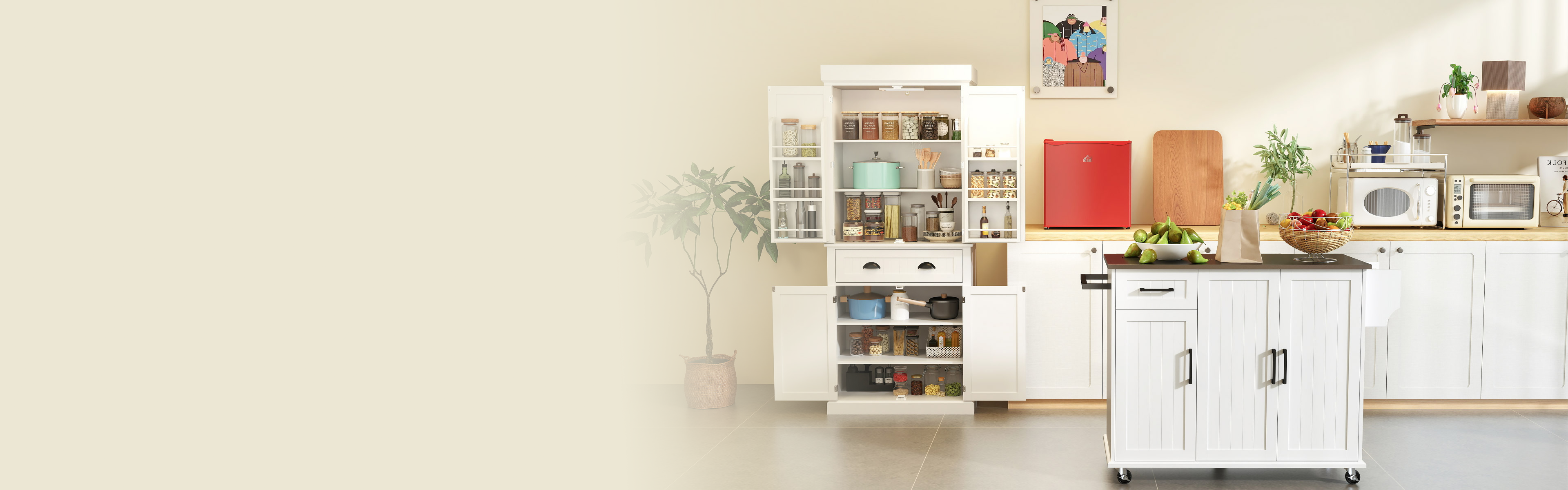 Modern kitchen with white cabinets, a countertop, and various appliances on a beige background