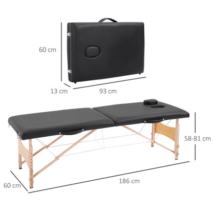 Massage Table, Portable Massage Bed, Adjustable Cosmetic Bench, Poplar Wood, Foam, Black, 186 x 60 x 58-81 cm