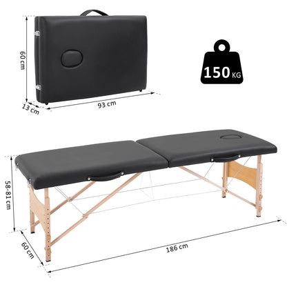Massage Table, Portable Massage Bed, Adjustable Cosmetic Bench, Poplar Wood, Foam, Black, 186 x 60 x 58-81 cm
