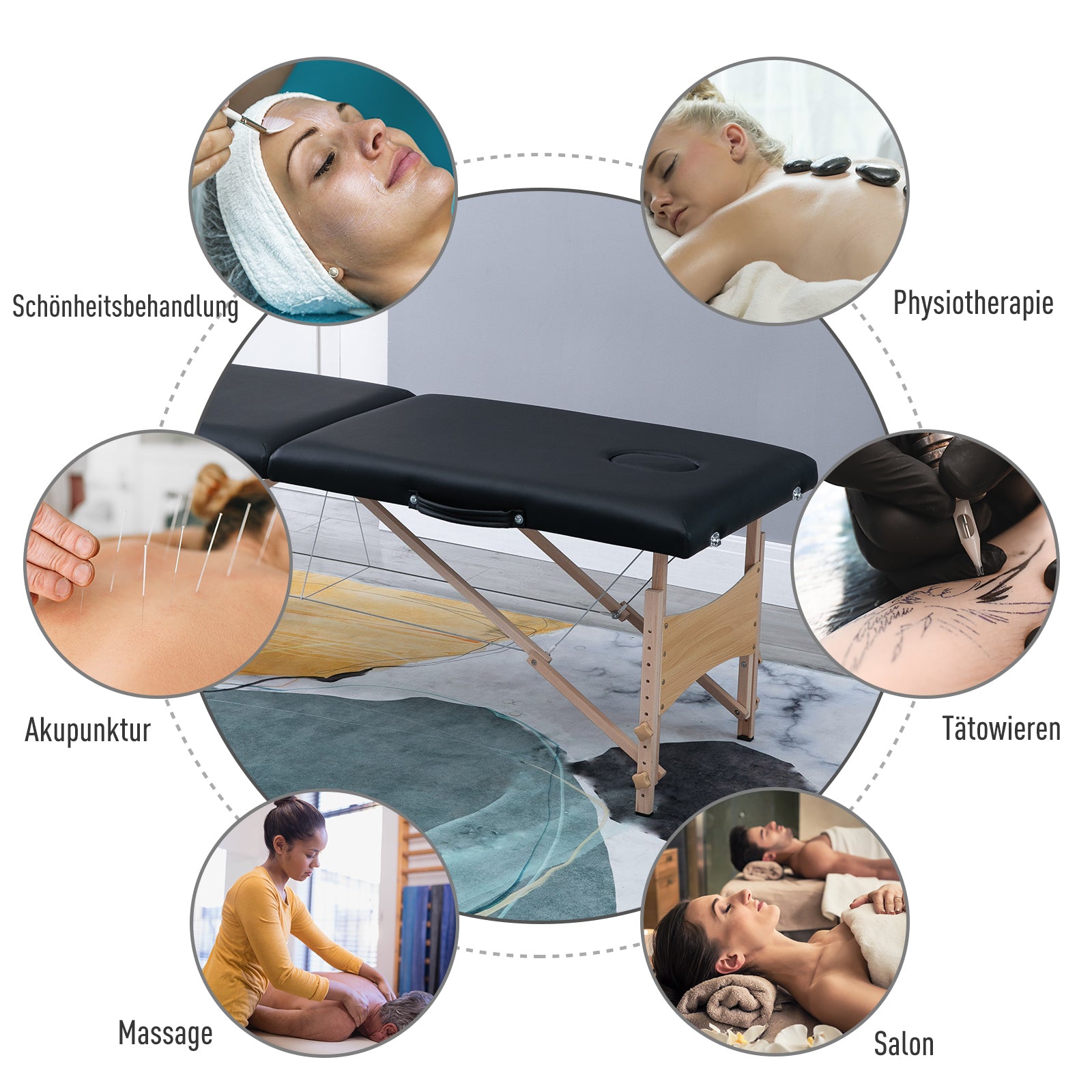 Massage Table, Portable Massage Bed, Adjustable Cosmetic Bench, Poplar Wood, Foam, Black, 186 x 60 x 58-81 cm