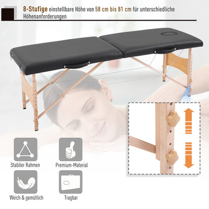 Massage Table, Portable Massage Bed, Adjustable Cosmetic Bench, Poplar Wood, Foam, Black, 186 x 60 x 58-81 cm