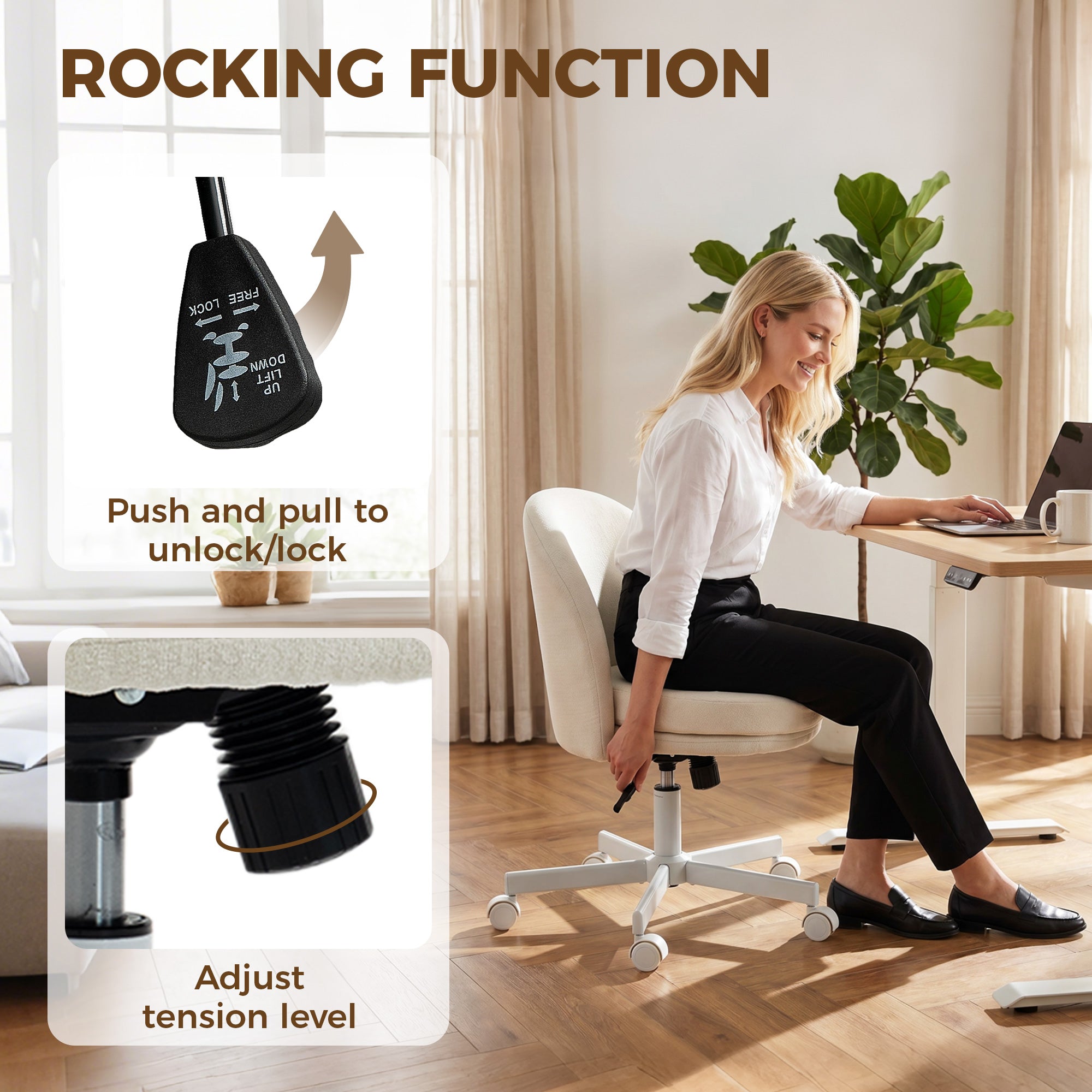 Adjustable Office Chair — Chenille-Style Upholstery, Tilt & 360° Swivel, Double-Layer Cushion, Supports up to 265 lb, Cream