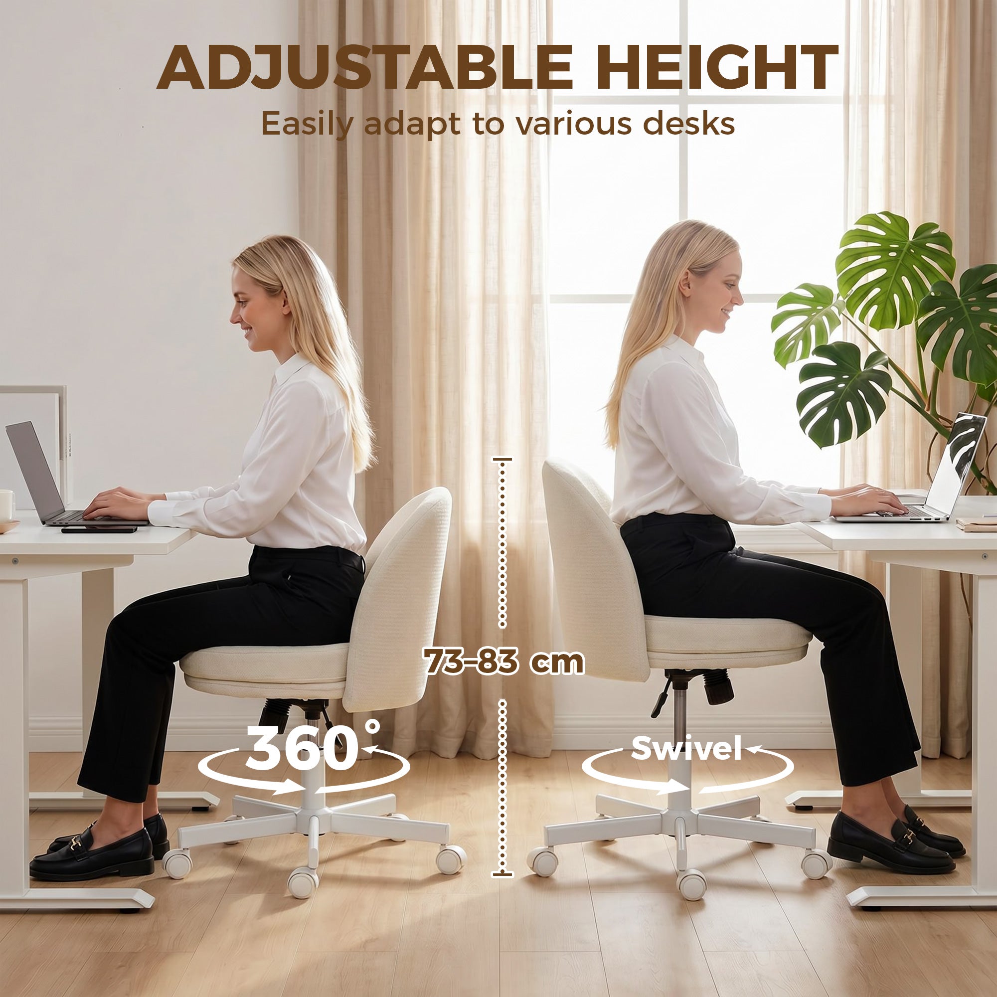 Adjustable Office Chair — Chenille-Style Upholstery, Tilt & 360° Swivel, Double-Layer Cushion, Supports up to 265 lb, Cream