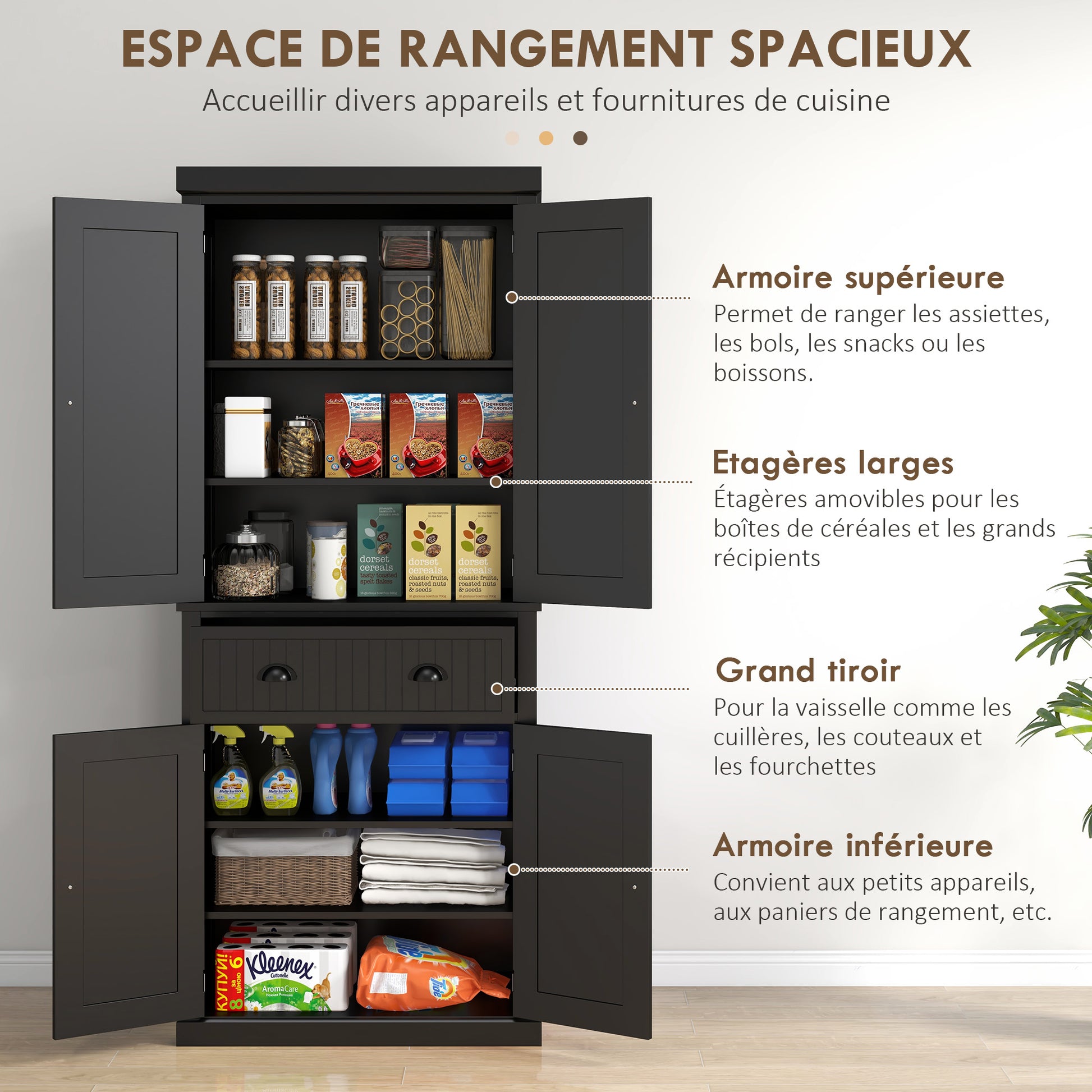Modern Style Kitchen Cabinet Buffet with Cupboard Doors, Adjustable Shelves, Drawer, Storage Unit for Dining Room, Living Room, 76.2 x 40.2 x 183 cm, Black