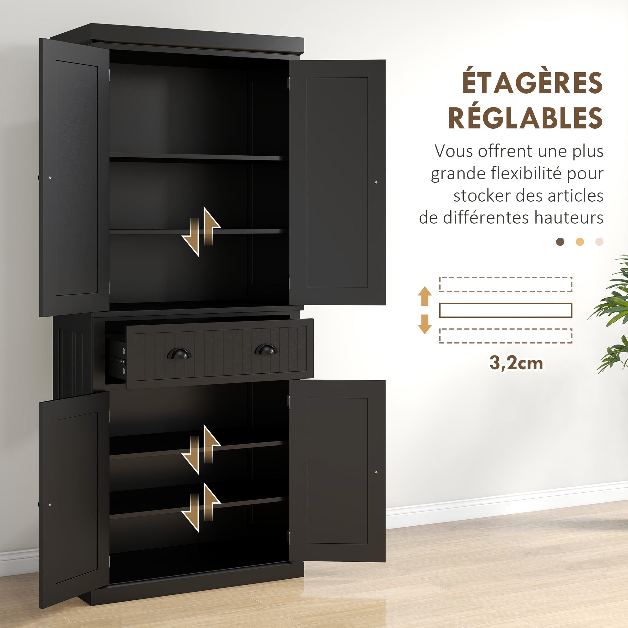 Modern Style Kitchen Cabinet Buffet with Cupboard Doors, Adjustable Shelves, Drawer, Storage Unit for Dining Room, Living Room, 76.2 x 40.2 x 183 cm, Black