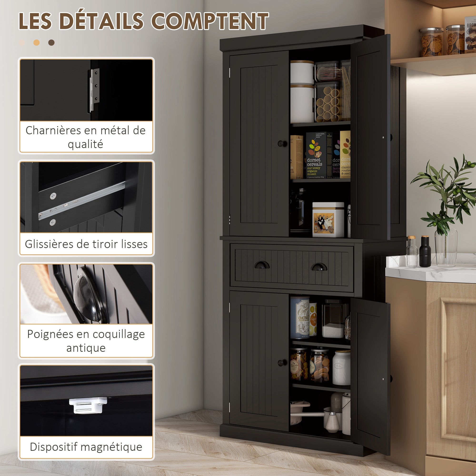 Modern Style Kitchen Cabinet Buffet with Cupboard Doors, Adjustable Shelves, Drawer, Storage Unit for Dining Room, Living Room, 76.2 x 40.2 x 183 cm, Black