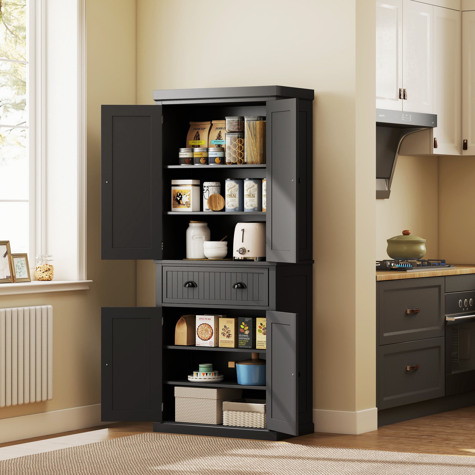 Modern Style Kitchen Cabinet Buffet with Cupboard Doors, Adjustable Shelves, Drawer, Storage Unit for Dining Room, Living Room, 76.2 x 40.2 x 183 cm, Black