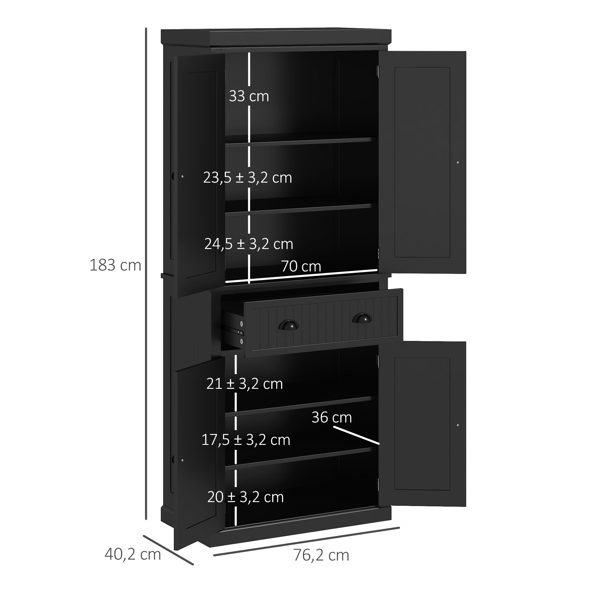 Modern Style Kitchen Cabinet Buffet with Cupboard Doors, Adjustable Shelves, Drawer, Storage Unit for Dining Room, Living Room, 76.2 x 40.2 x 183 cm, Black