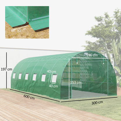 Greenhouse 300x600x200cm Foil Greenhouse Tomato House with Door, 12 Windows, Galvanized Steel Foil Tunnel, 170g/m² PE, Stable Plant Tunnel, Greenhouse incl. Ground Anchors & Ropes, Green