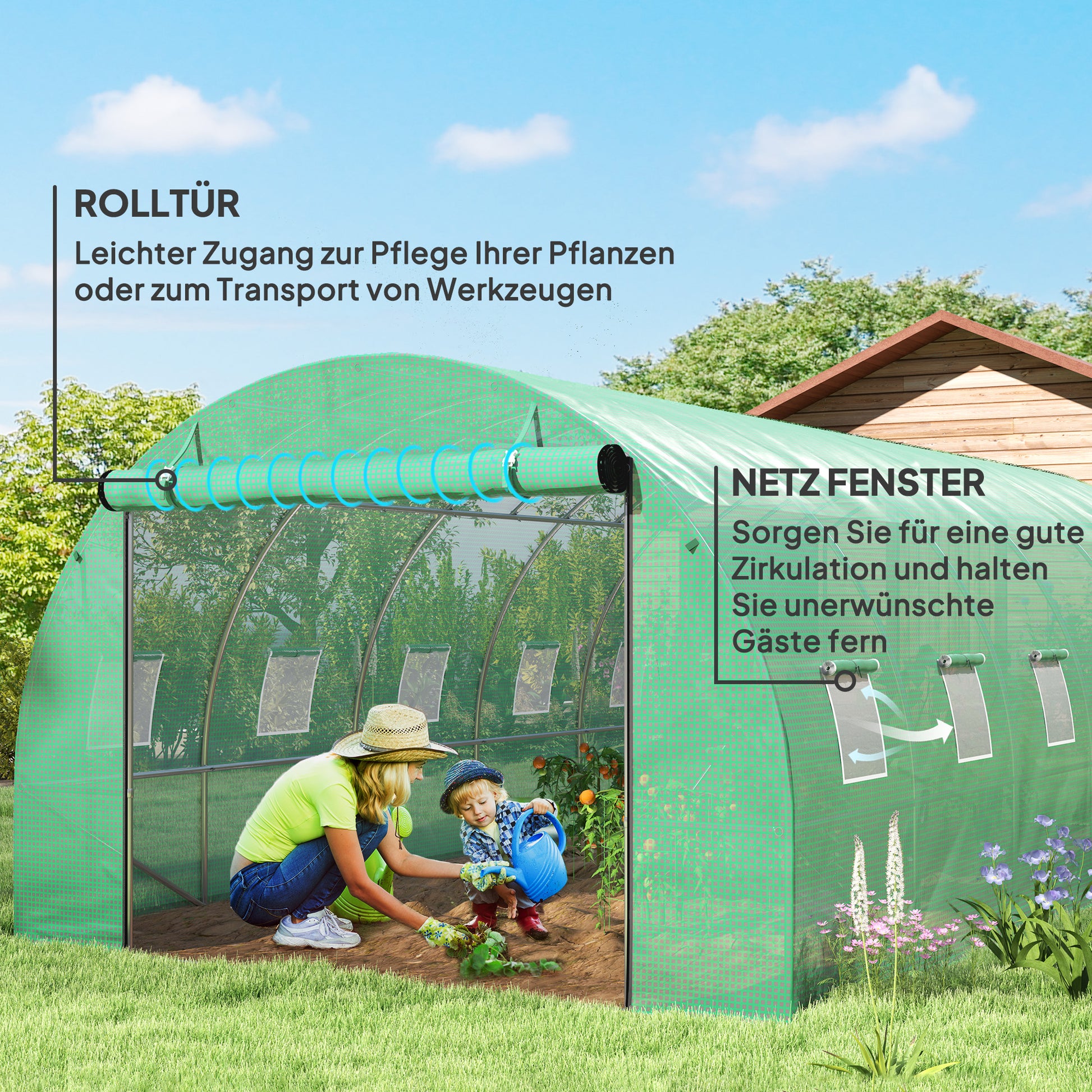 Greenhouse 300x600x200cm Foil Greenhouse Tomato House with Door, 12 Windows, Galvanized Steel Foil Tunnel, 170g/m² PE, Stable Plant Tunnel, Greenhouse incl. Ground Anchors & Ropes, Green